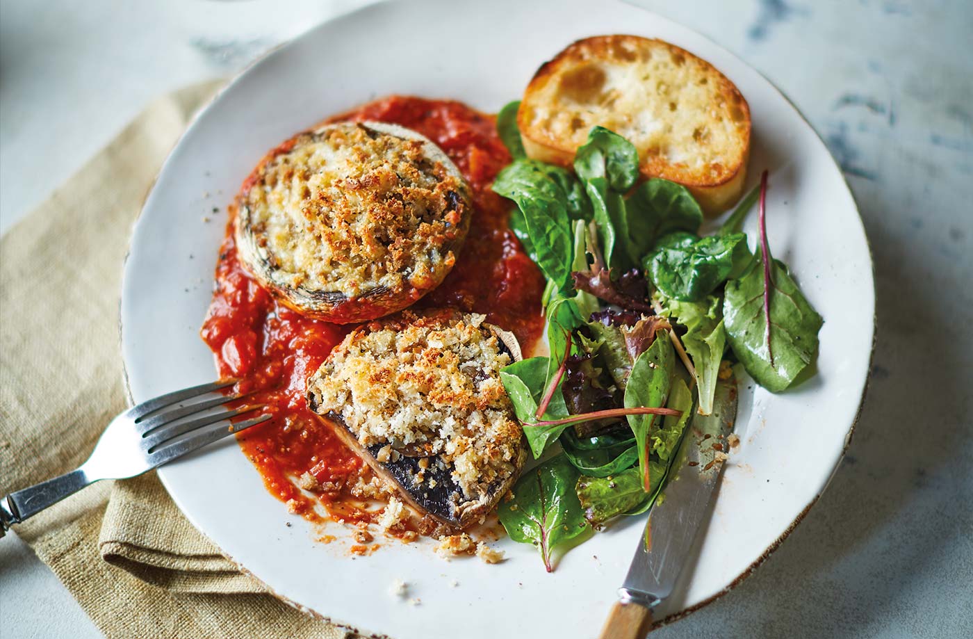 Baked mushrooms with quick garlic bread recipe