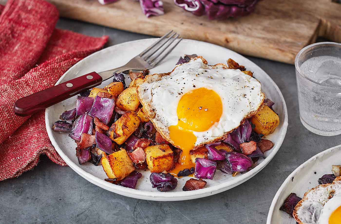 Baked red cabbage, bacon and potato hash recipe