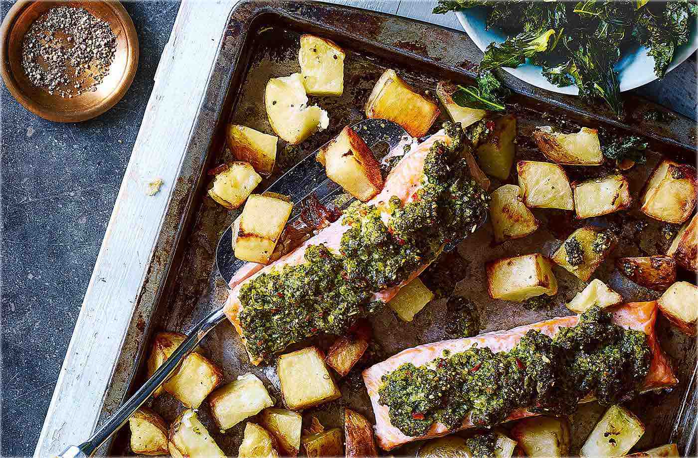 Baked salmon with kale pesto recipe