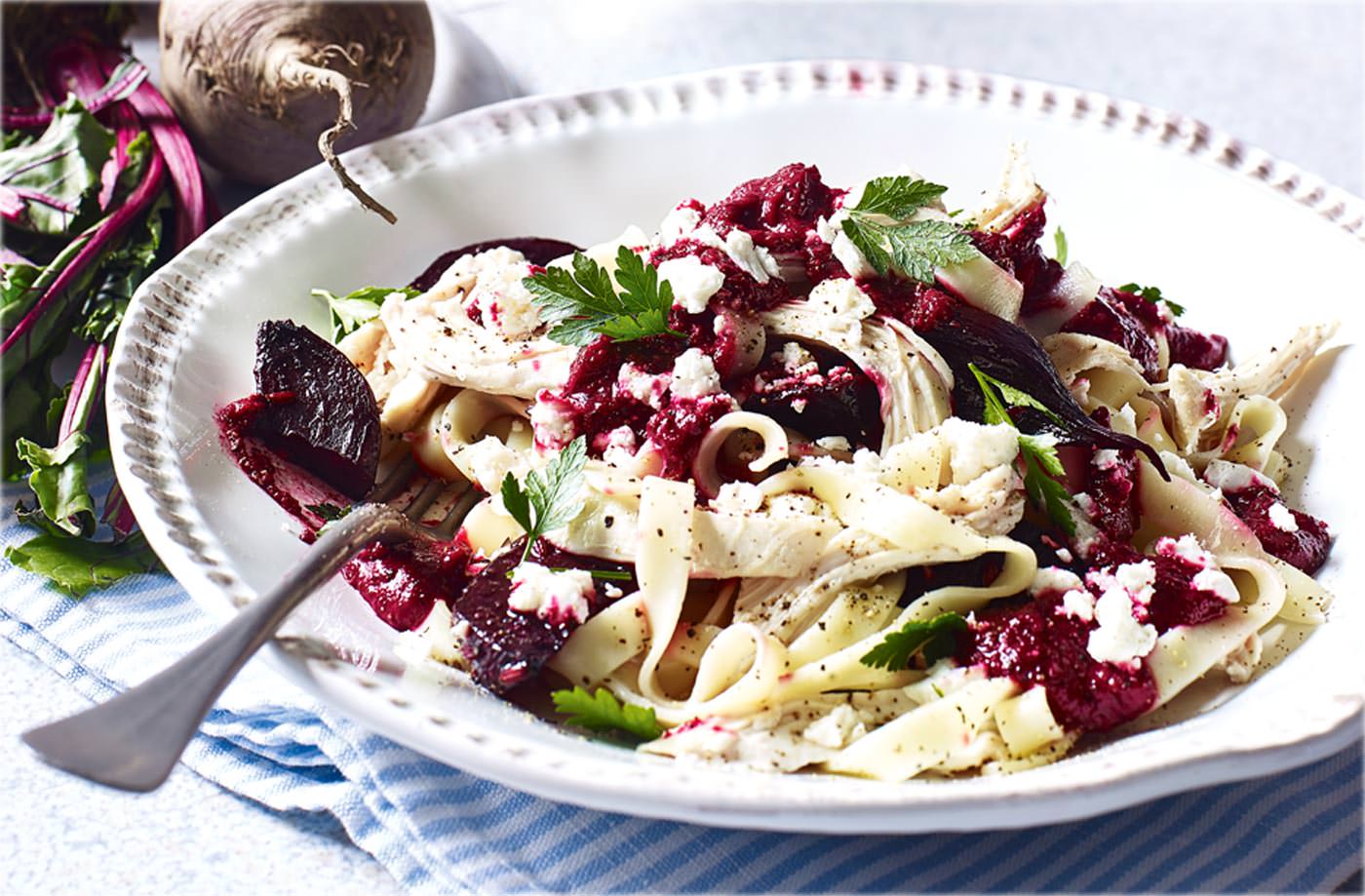 Chicken and beetroot 'pesto’ pasta recipe