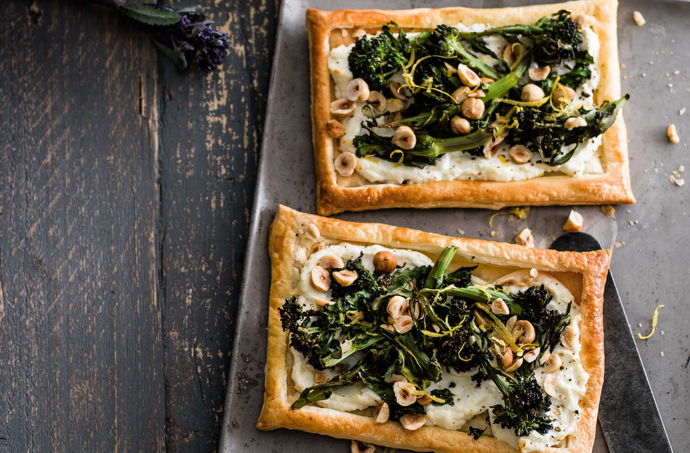 Purple sprouting broccoli, goat's cheese and hazelnut tarts recipe