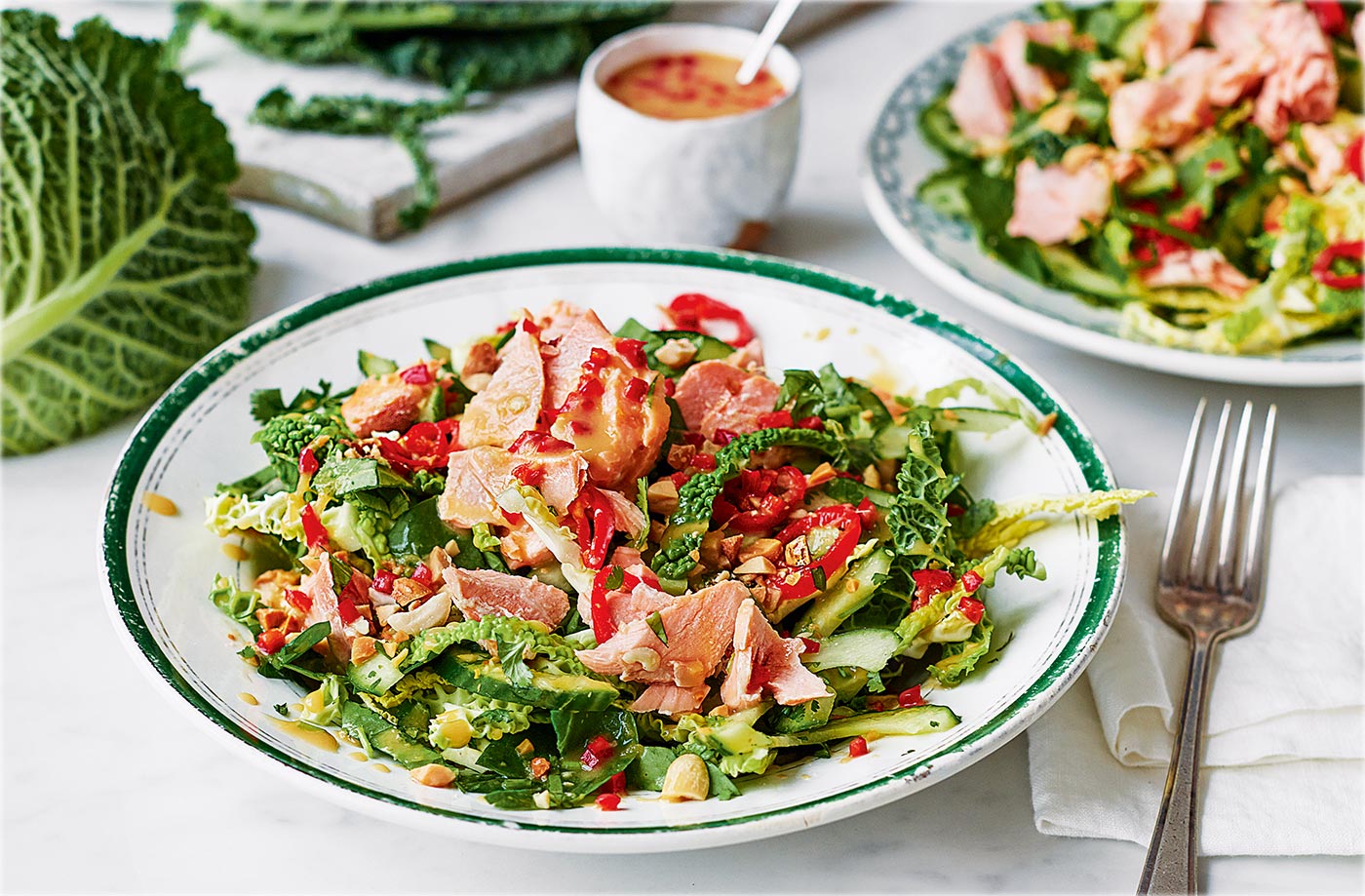 Cabbage, salmon and cucumber satay crunch salad recipe