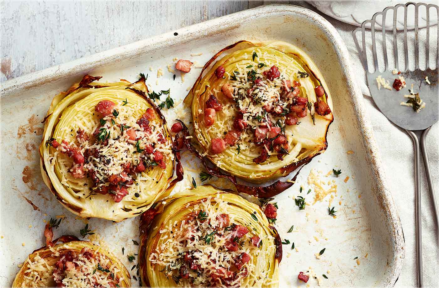 Cabbage steaks with crispy pancetta and Parmesan recipe