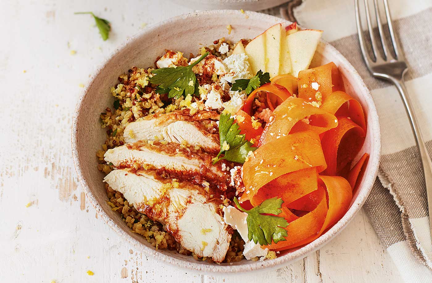 Carrot, apple and chicken grain bowls recipe