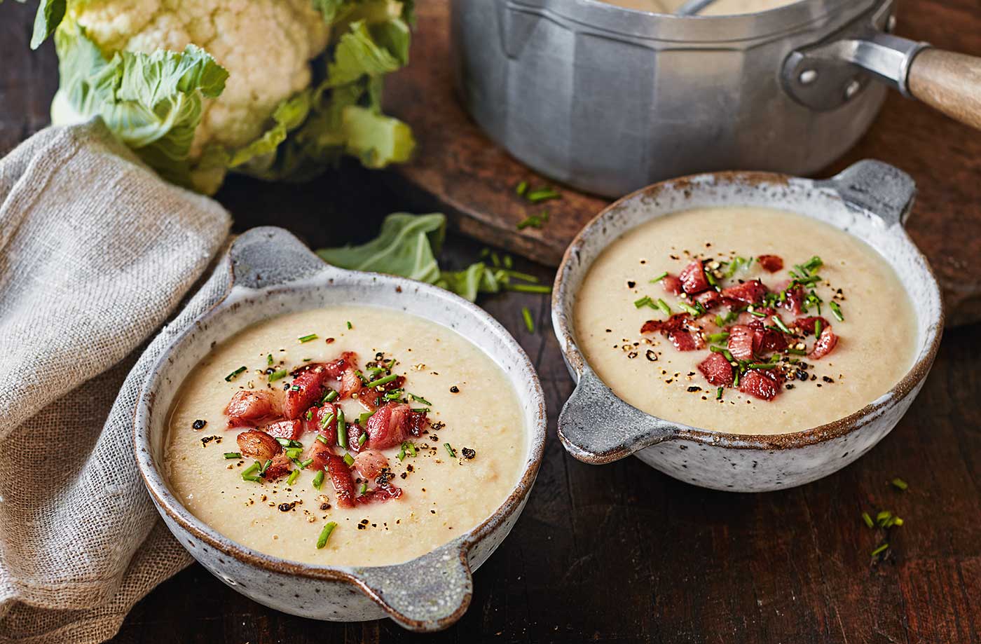 Cauliflower and white bean soup with crispy bacon recipe