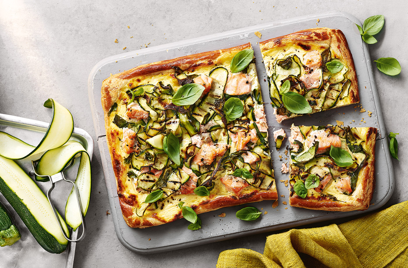 Charred courgette and salmon tart recipe