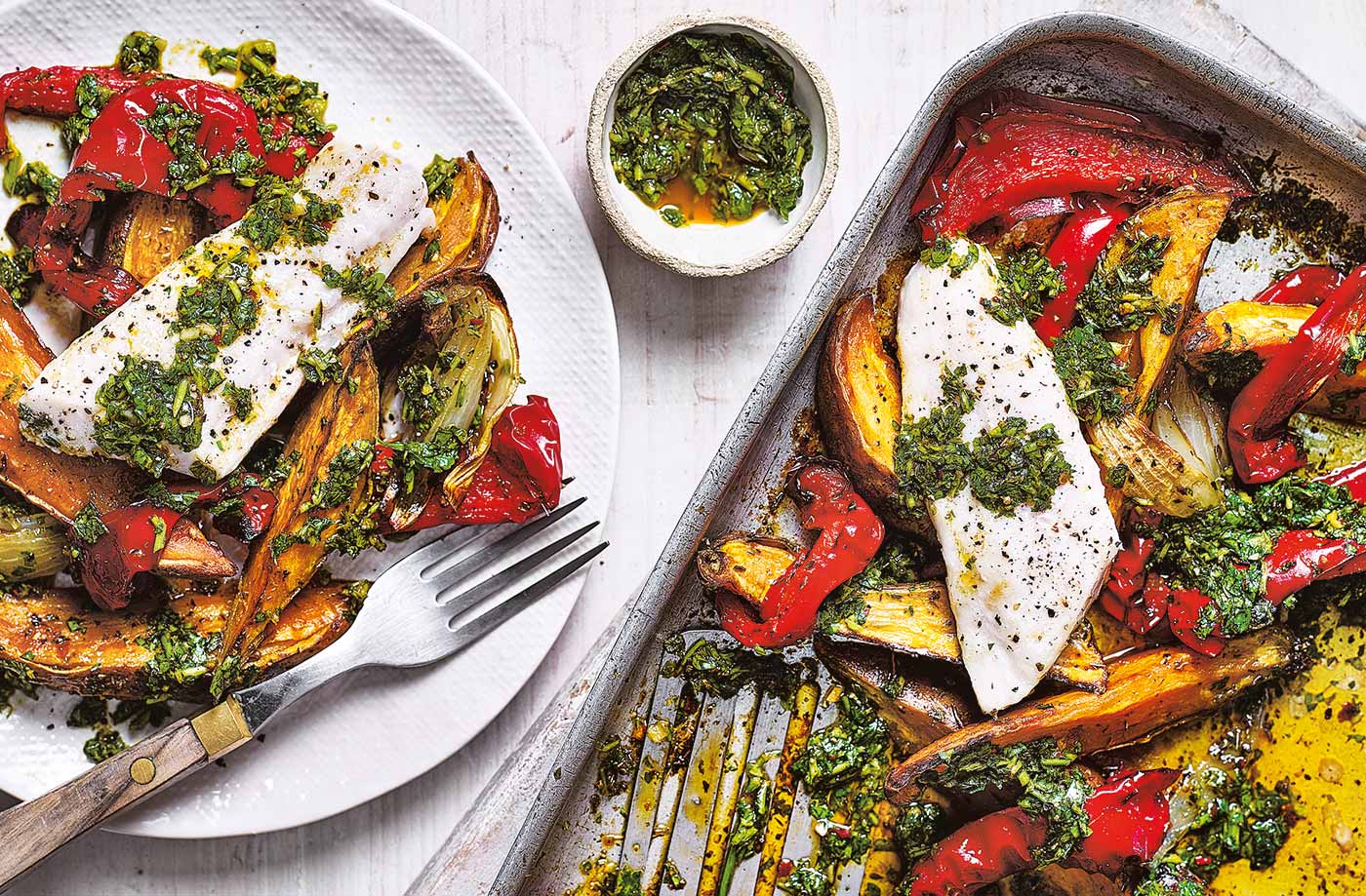 Chimichurri fish traybake recipe