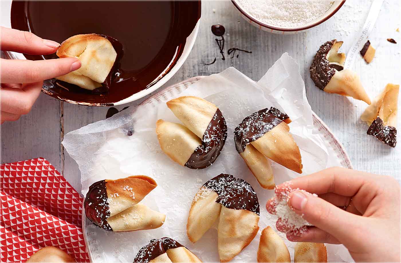 Chocolate-dipped fortune cookies recipe