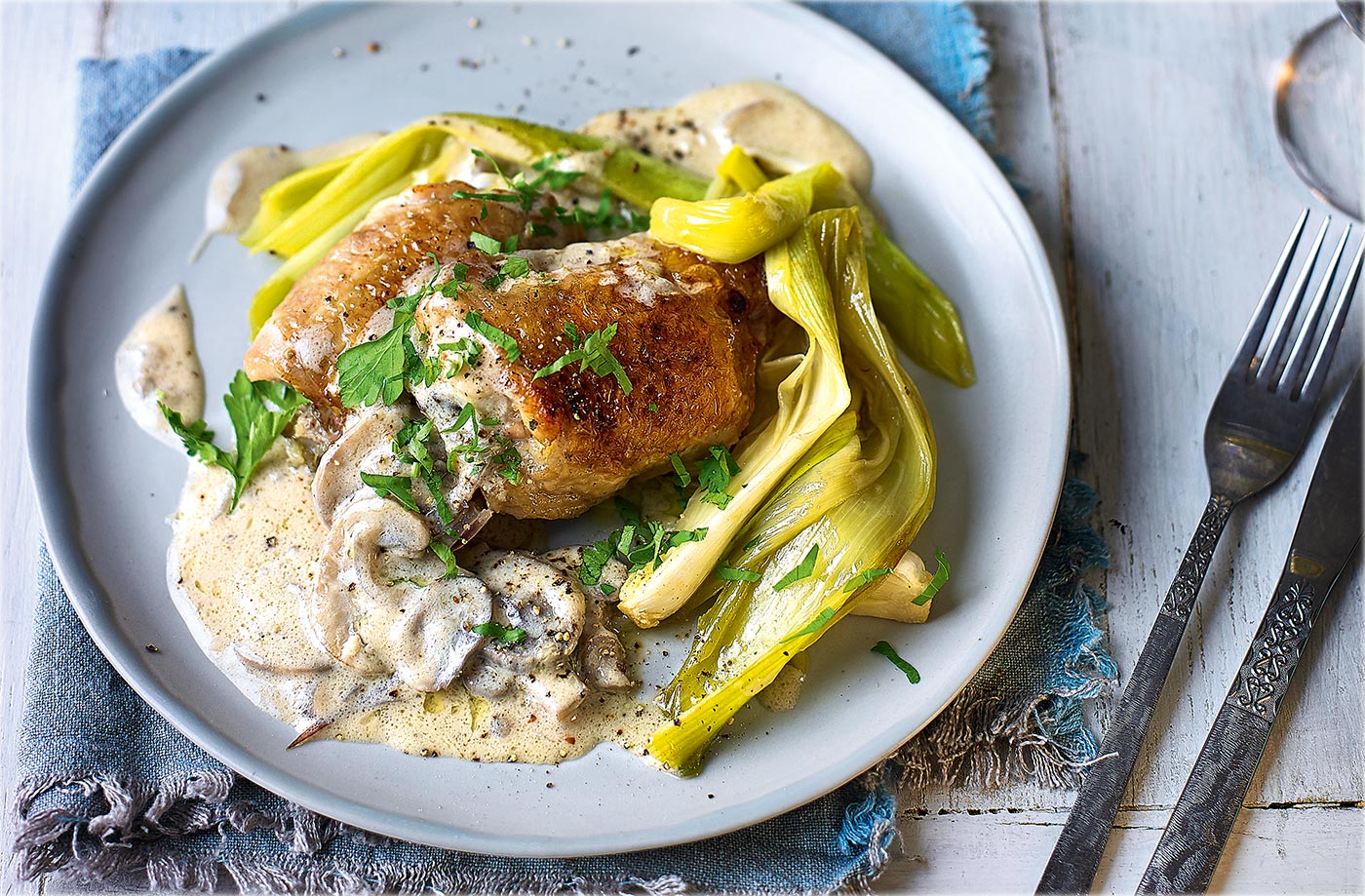 Crispy chicken with creamy mushrooms and braised leeks recipe