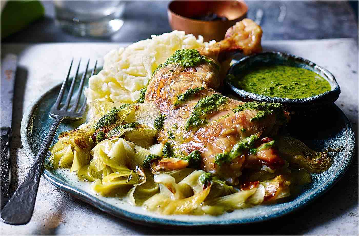 Creamy leeks with roast chicken and salsa verde recipe