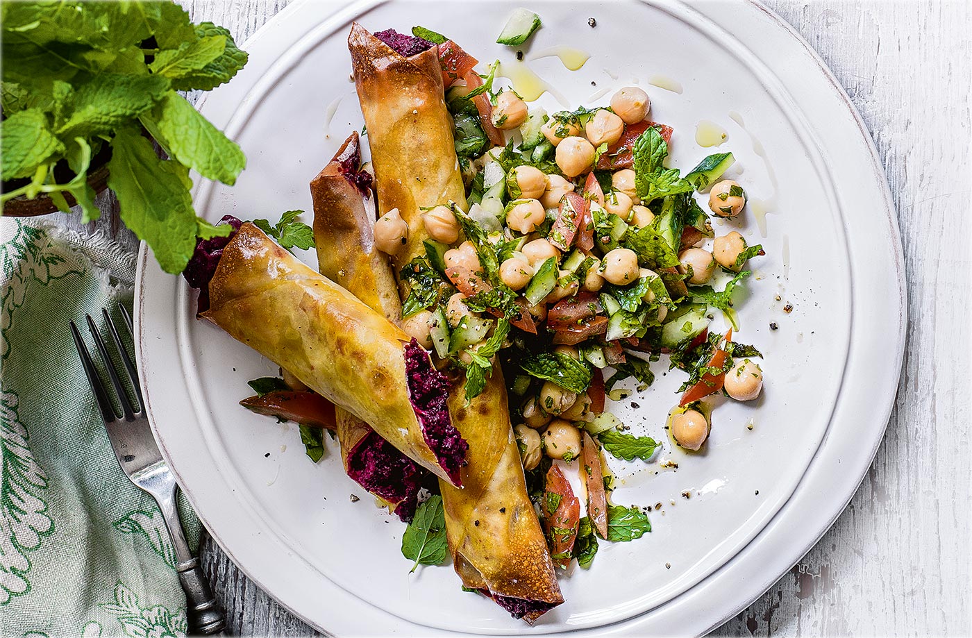 Goat's cheese and beetroot filo parcels with chickpea tabbouleh recipe
