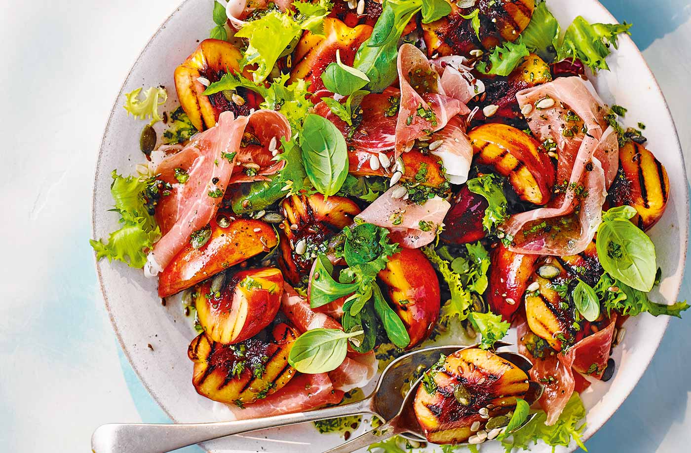 Griddled nectarine and ham salad with basil dressing recipe