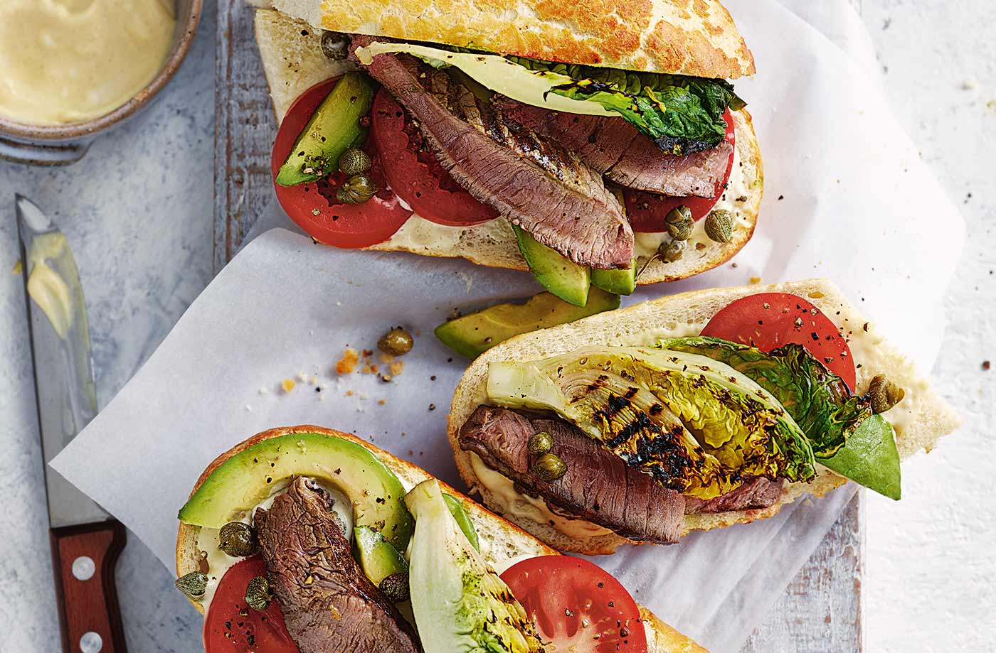 Griddled steak and charred Little Gem sandwiches recipe
