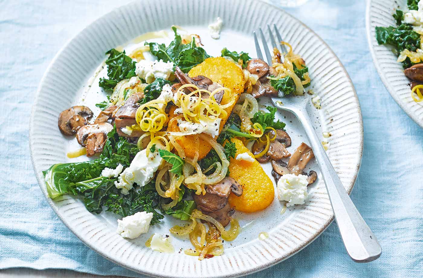 Griddled polenta with lemon kale and mushrooms recipe
