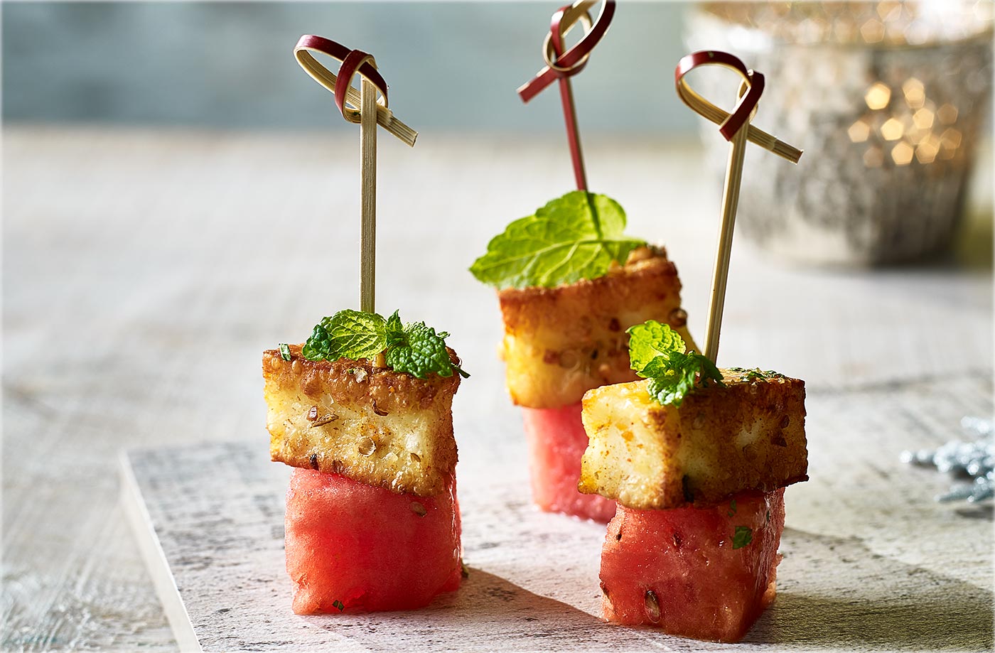 Dukkah-crusted halloumi and watermelon skewers recipe