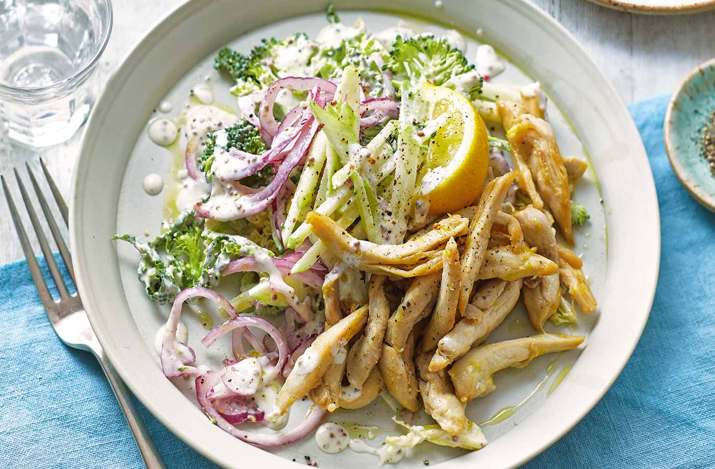 Lemon and garlic chicken strips with broccoli slaw recipe