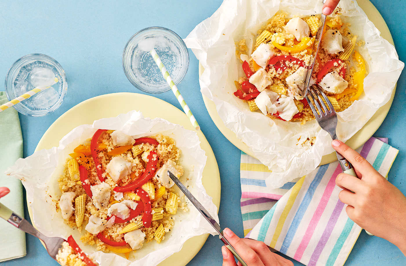 Fish and veggie parcels with couscous recipe