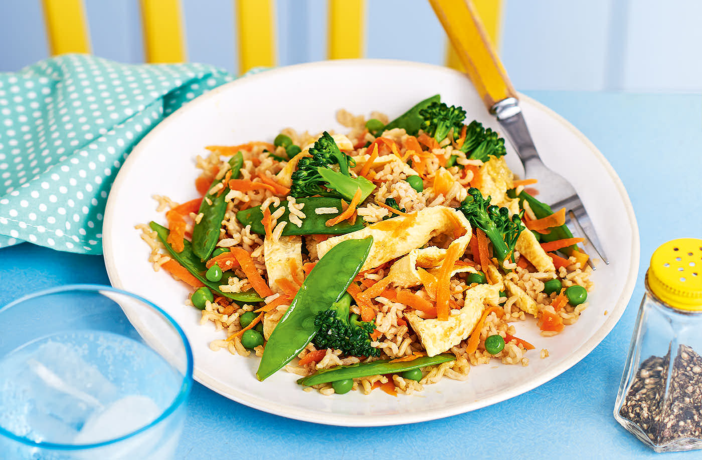 Vegetable fried rice with egg ribbons recipe