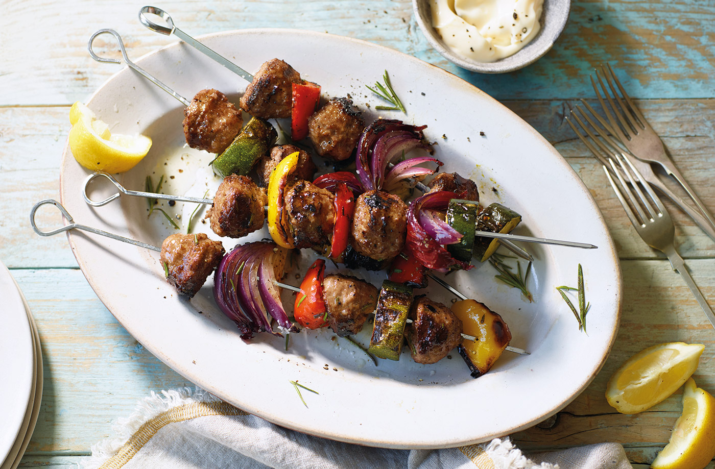 Meatball and Mediterranean vegetable kebabs recipe