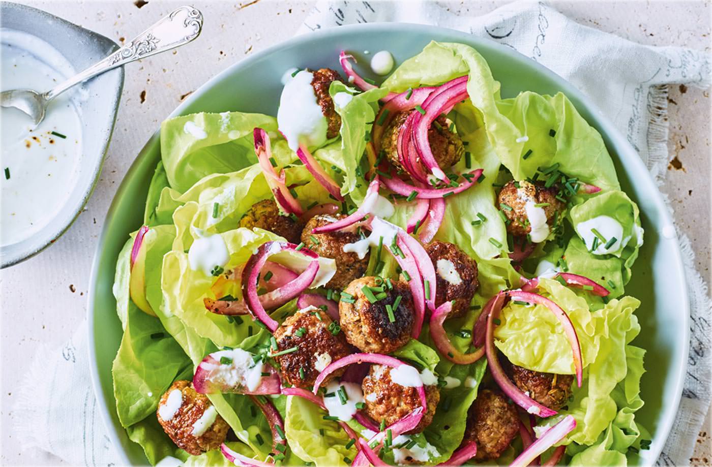 Lemon and oregano Greek meatball salad recipe