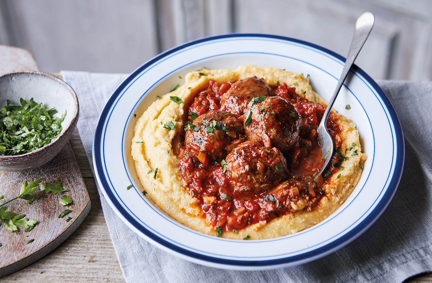 Blue cheese polenta with meatballs recipe