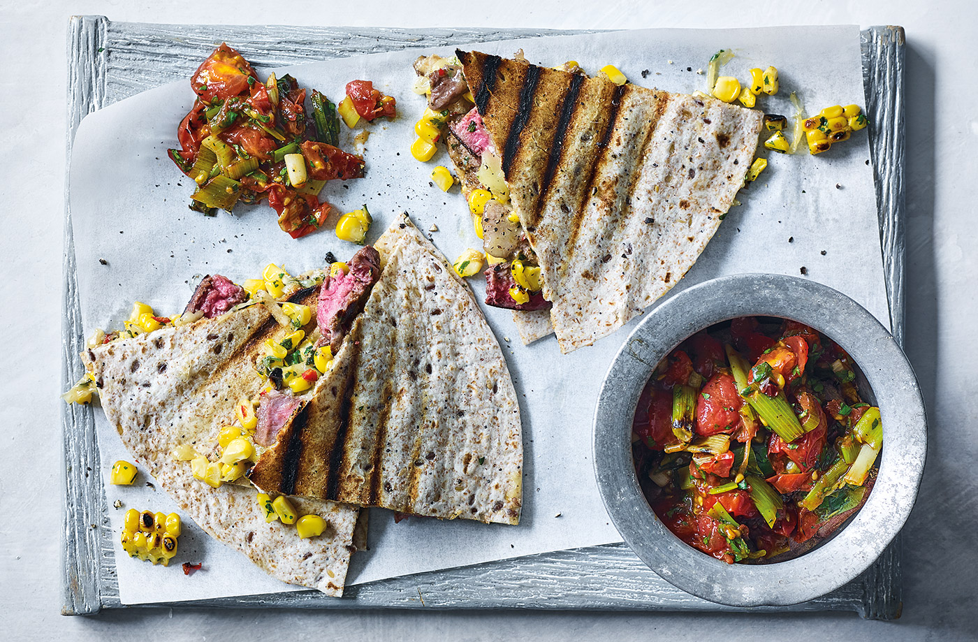 Steak quesadillas with charred tomato salsa recipe
