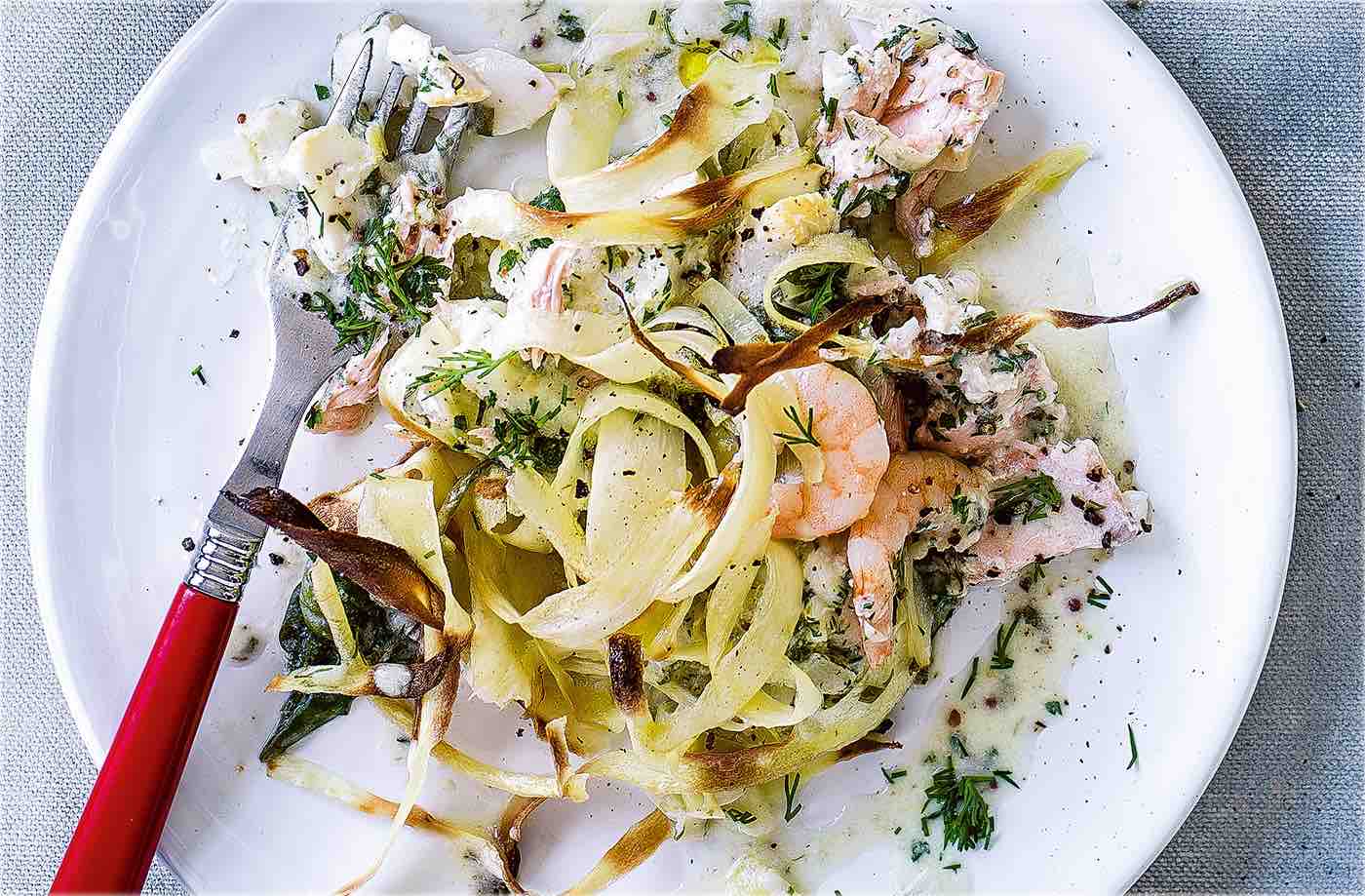 Creamy fish pie with parsnip crisp topping recipe