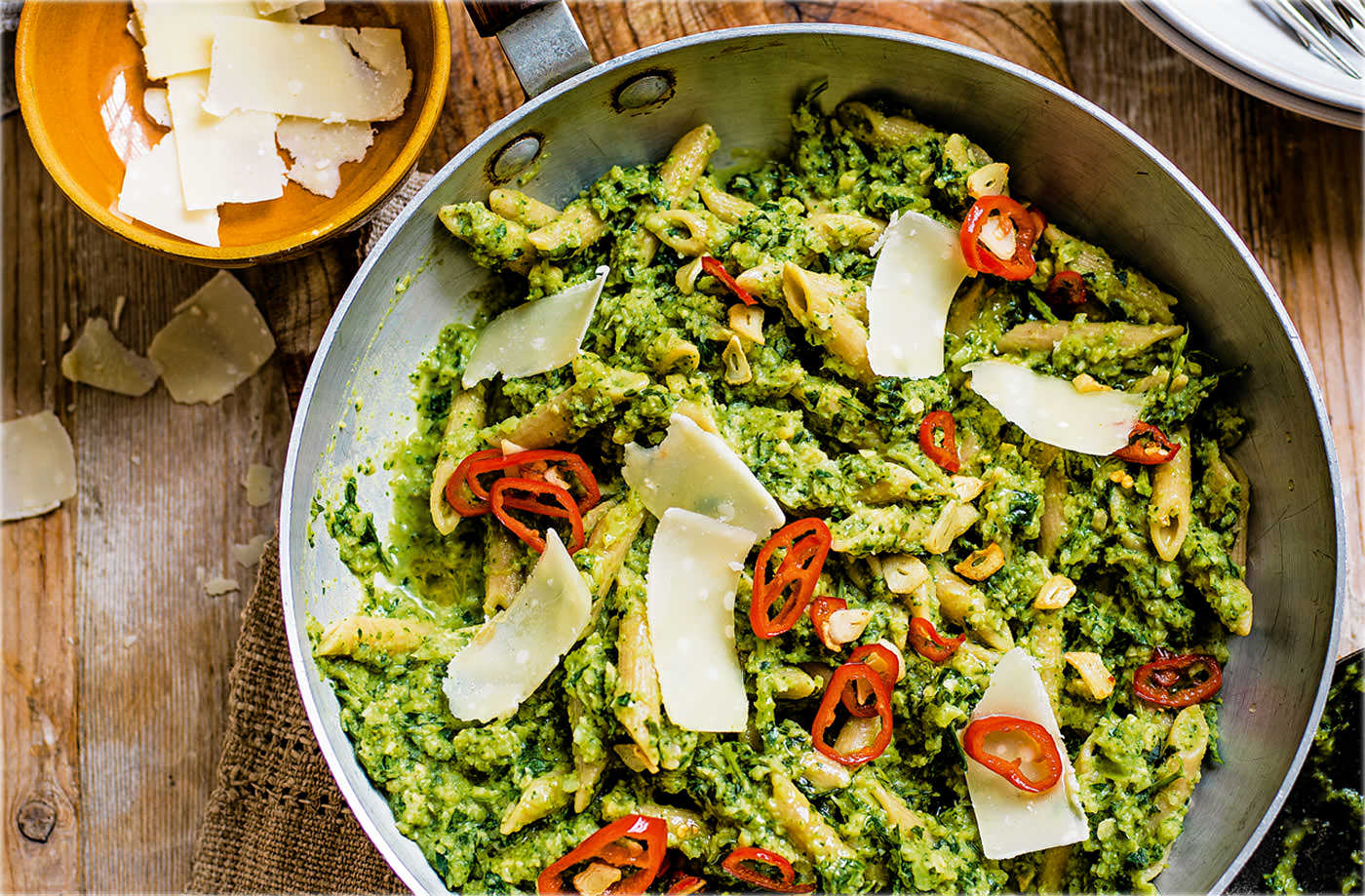 Broccoli pesto penne with chilli and garlic sizzle recipe