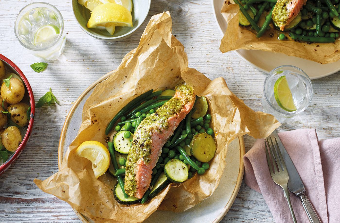 Pesto salmon parcels with green veg recipe