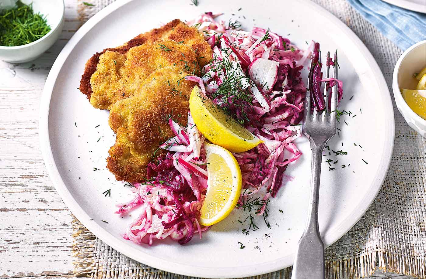 Pork schnitzels with beetroot slaw recipe