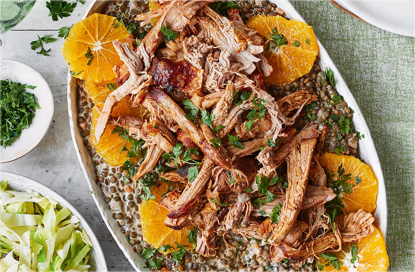 Pulled pork with mustard lentils recipe
