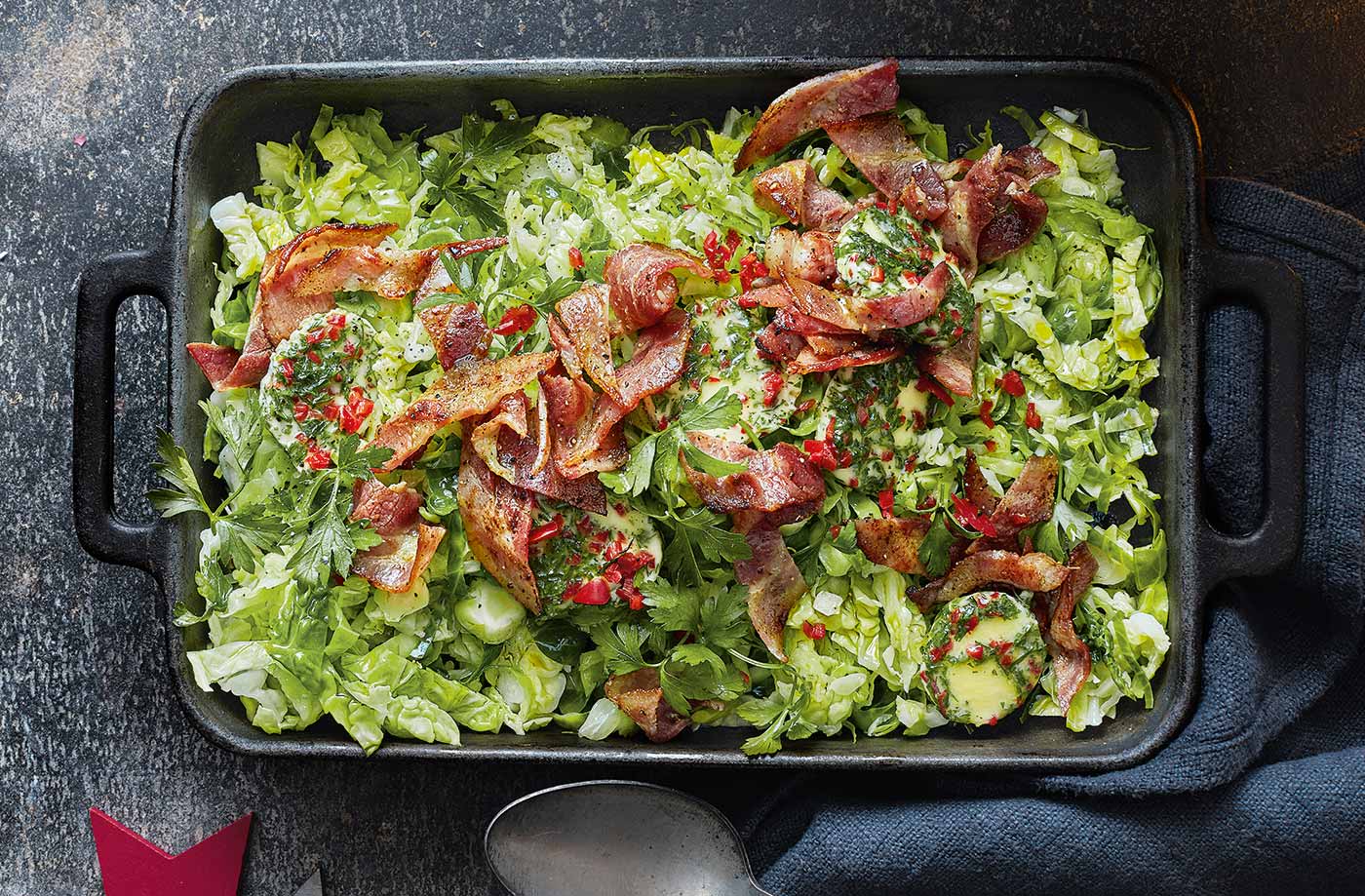 Shredded sprouts with bacon and chilli butter recipe