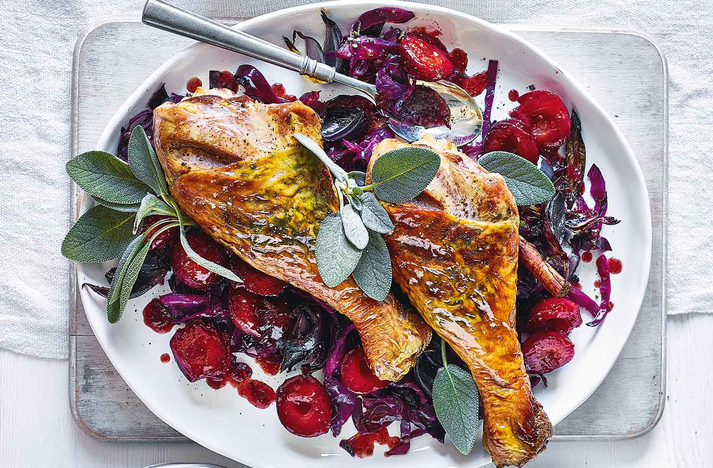 Turkey legs with cabbage and plums recipe