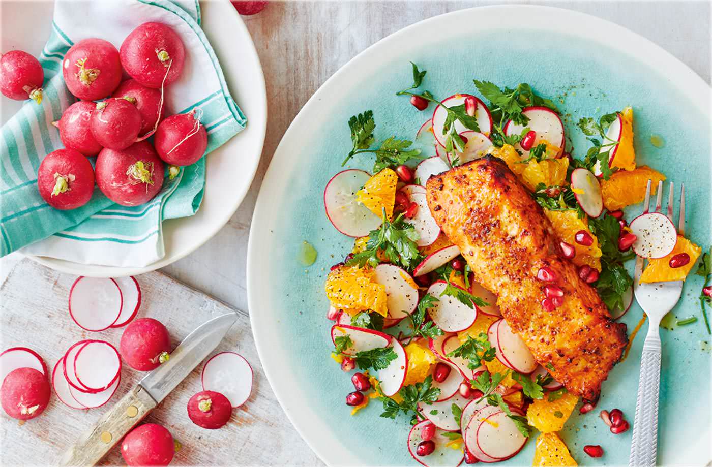 Trout with radish, orange and pomegranate salad recipe