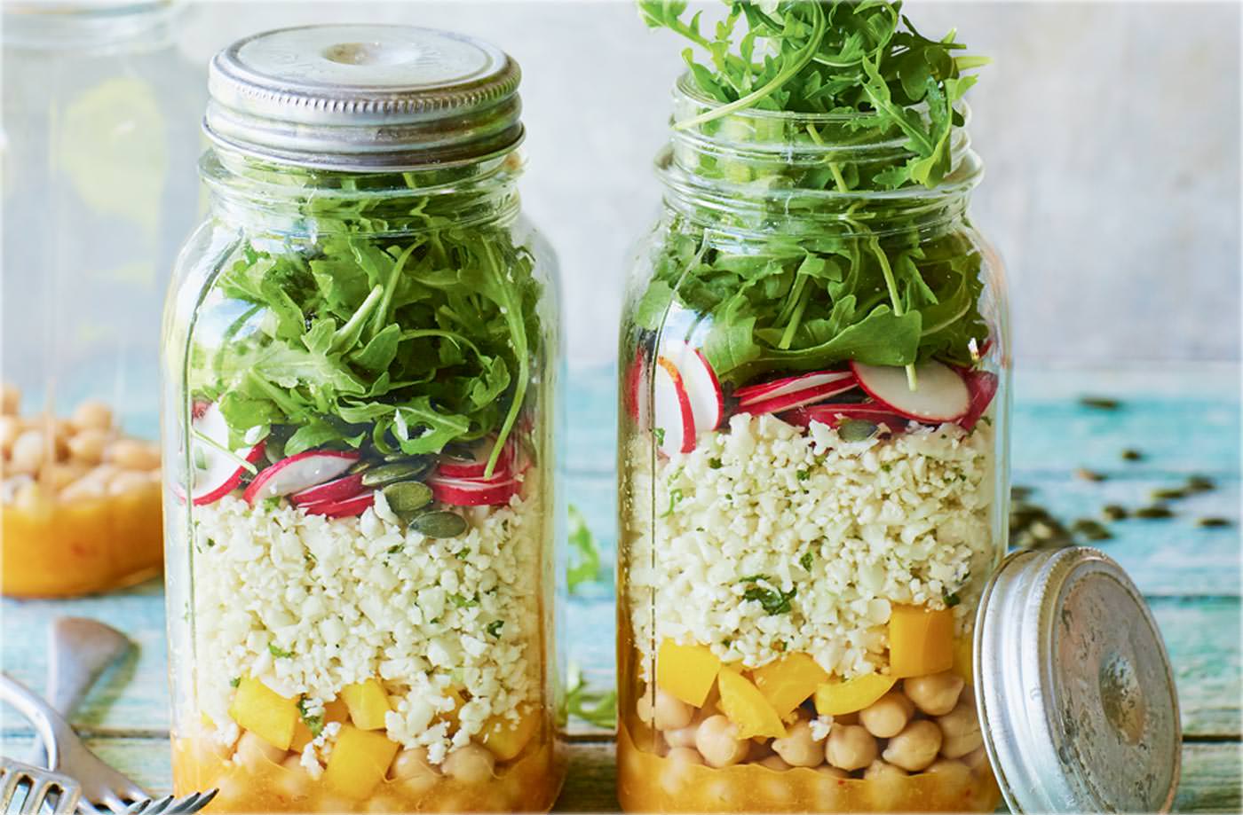 Cauliflower rice salad jars with mango dressing recipe