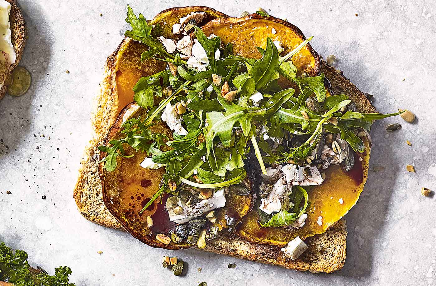 Roast butternut squash with rocket and seeds toast topper recipe