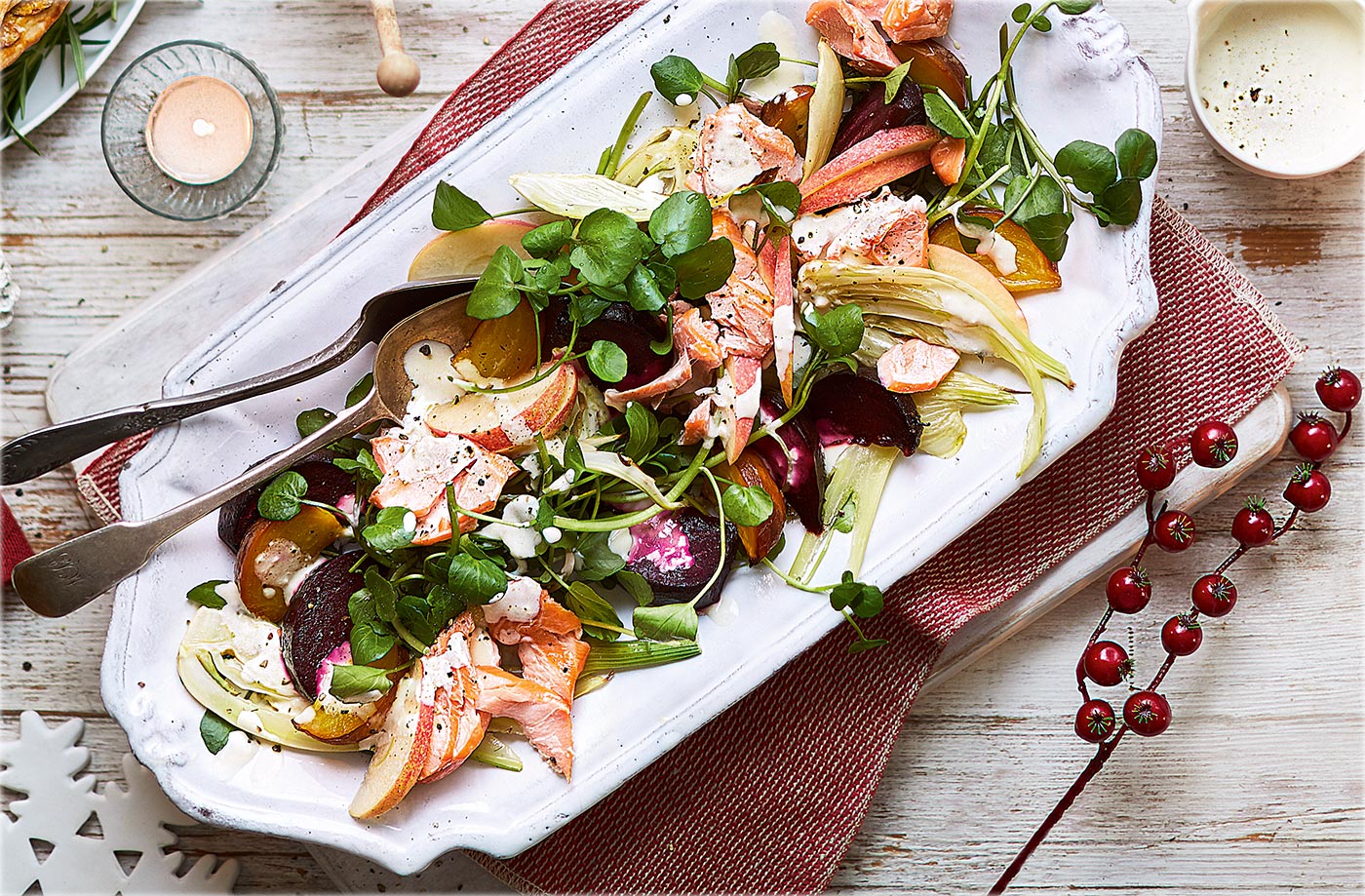 Roasted beetroot, fennel and apple salad with hot smoked salmon recipe