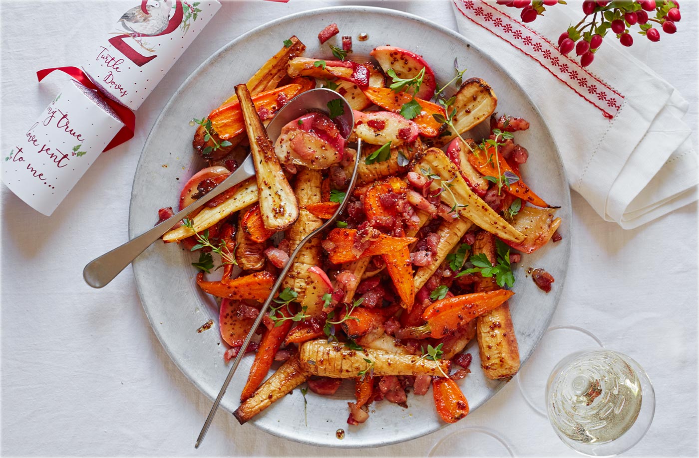 Roasted carrots and parsnips with bacon and apples recipe