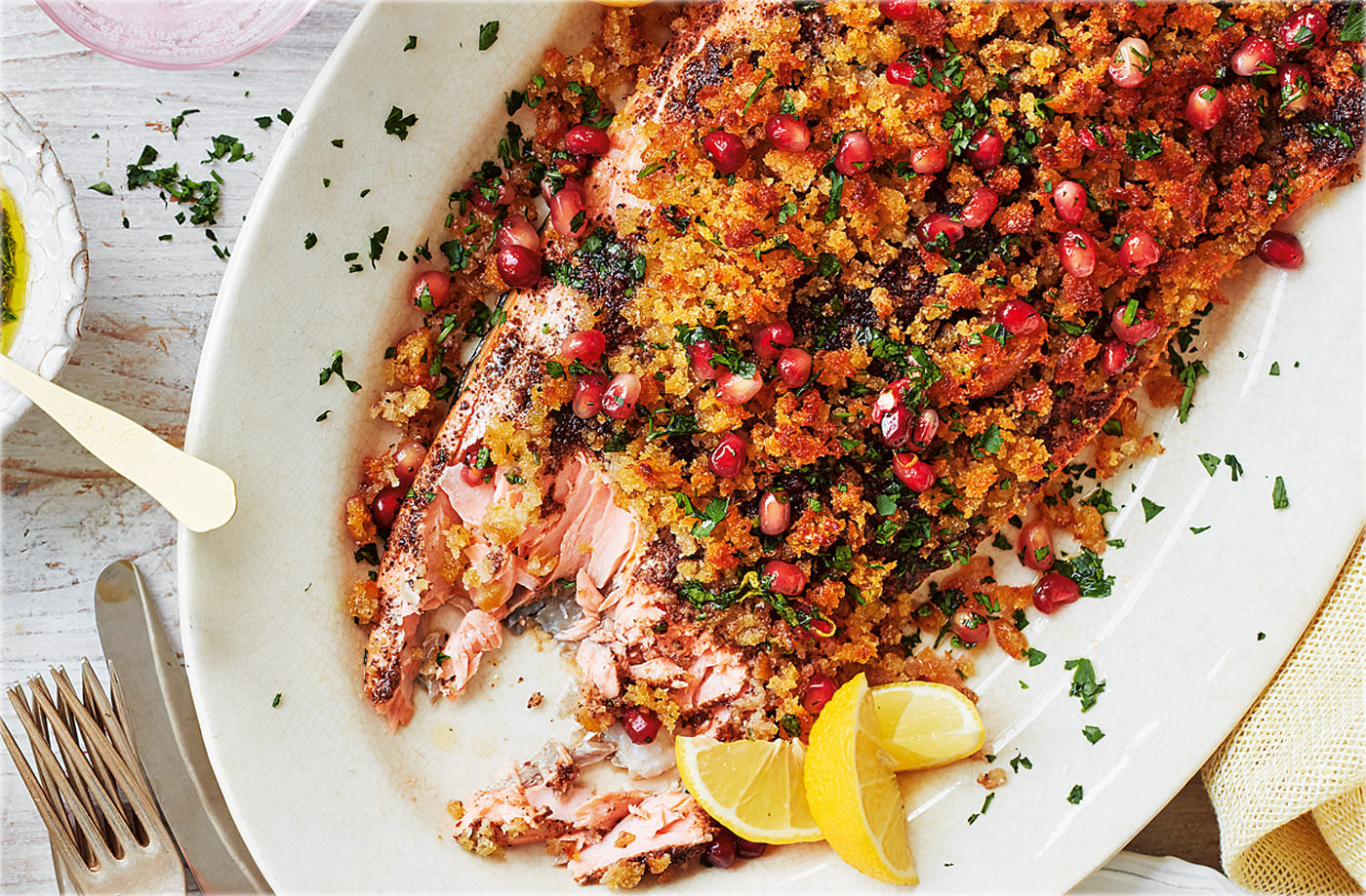 Spice-crusted salmon with parsley and pomegranate dressing recipe