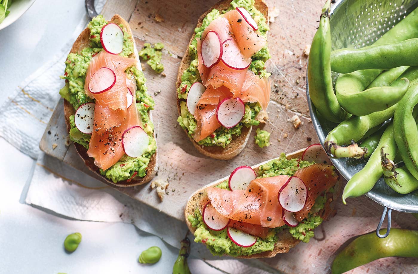 Salmon, smashed avocado and broad bean bruschetta recipe