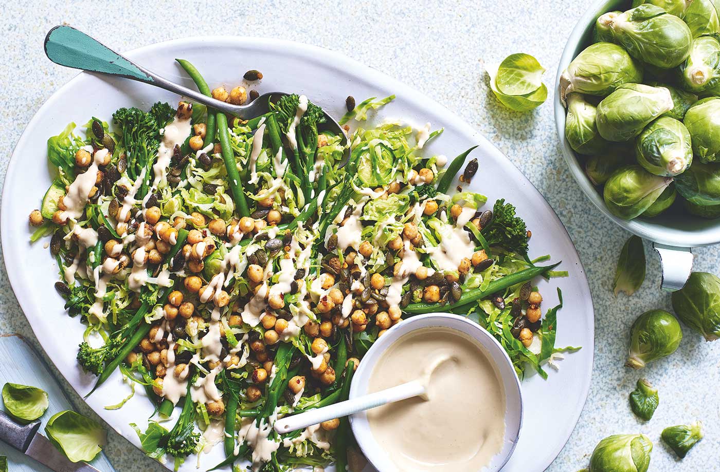 Shredded sprout and chickpea salad with maple-tahini dressing recipe