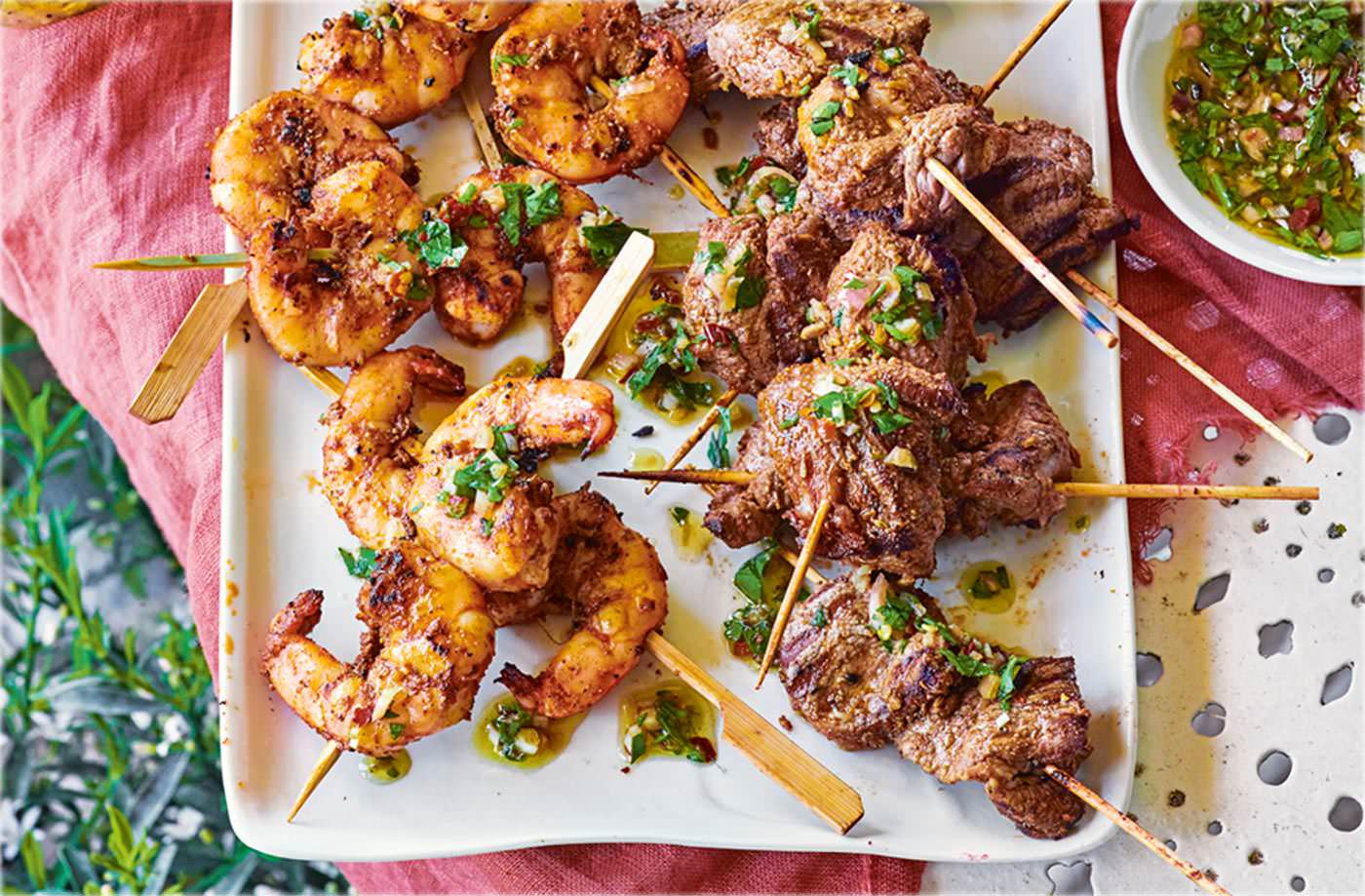Smoky skewers with parsley dipping sauce recipe