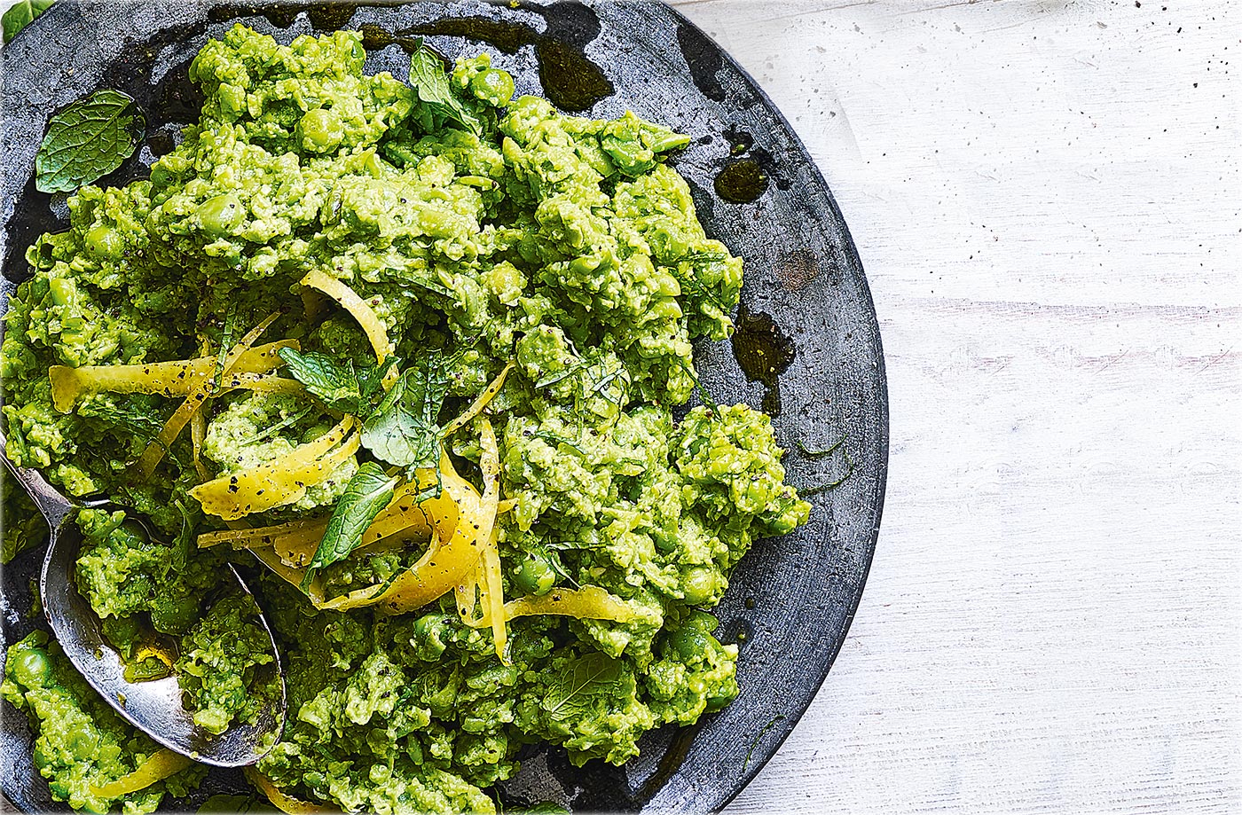 Smashed peas with mint and lemon oil  recipe