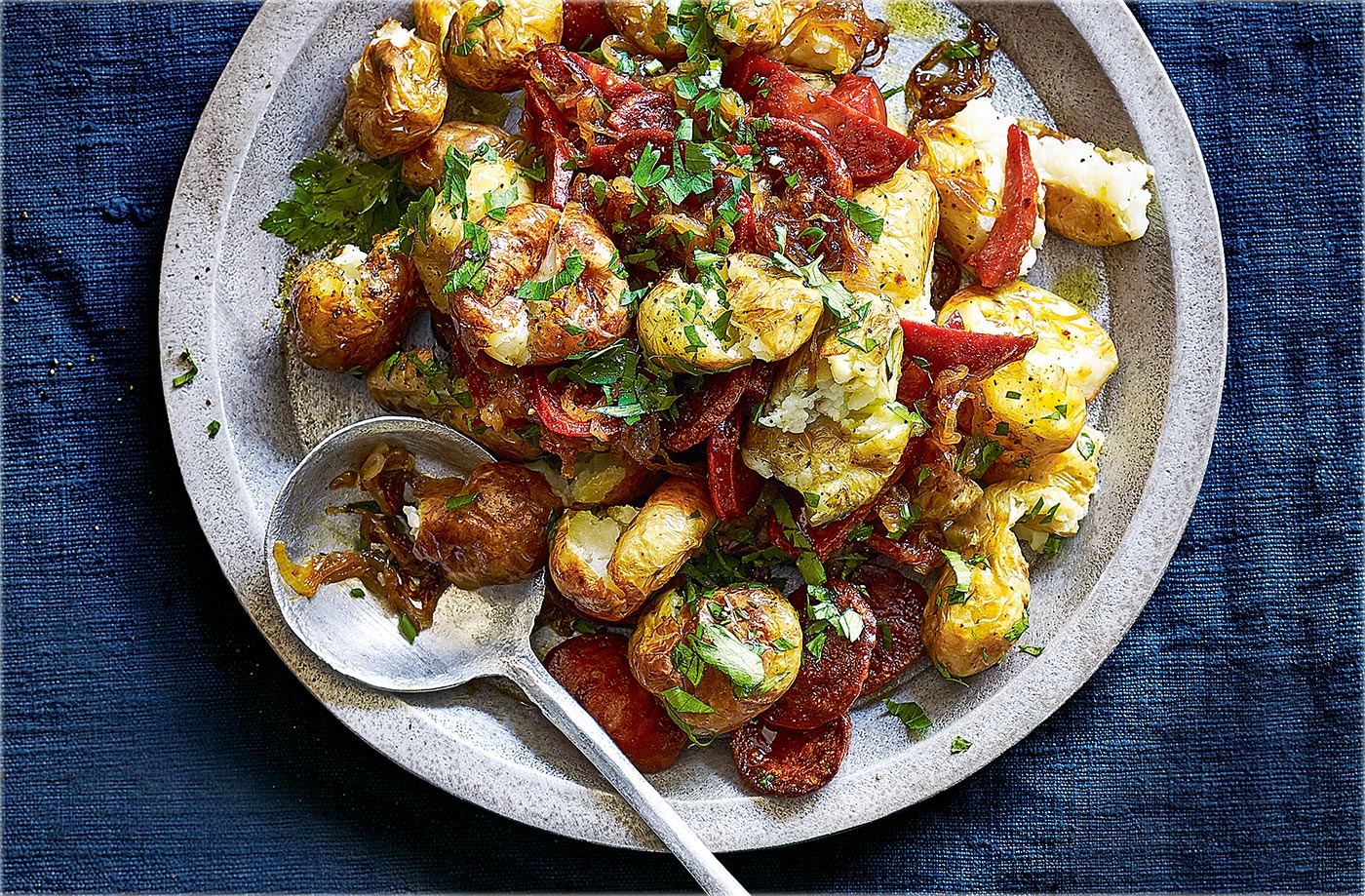 Smashed potatoes with chorizo recipe