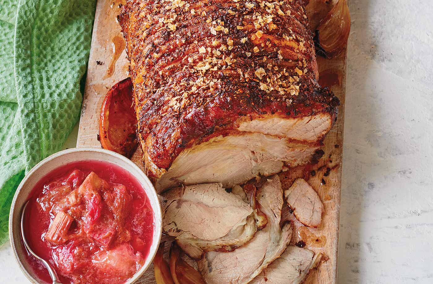 Spiced roast pork with rhubarb sauce recipe