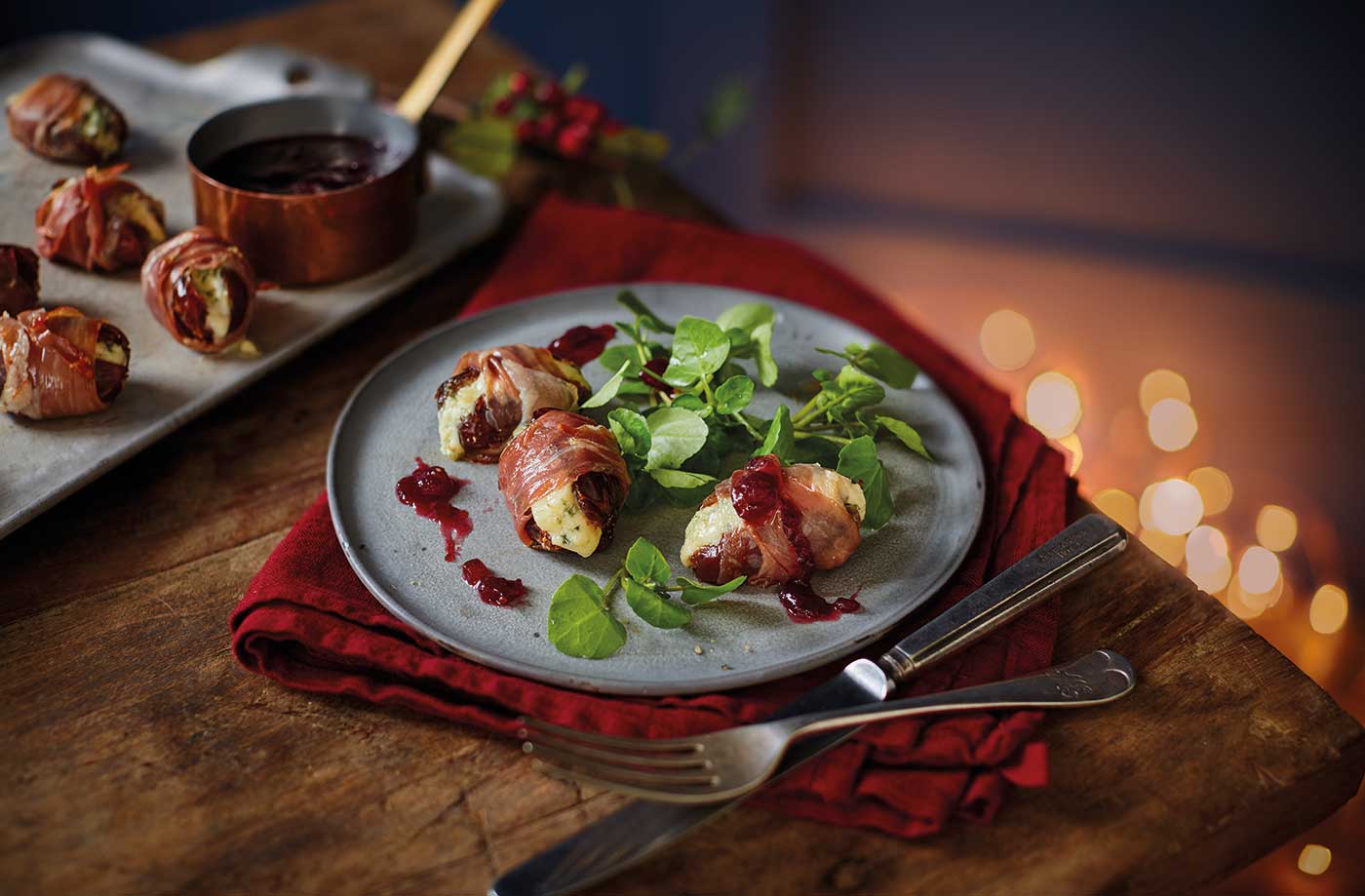 Prosciutto wrapped dates with port and cranberry sauce recipe