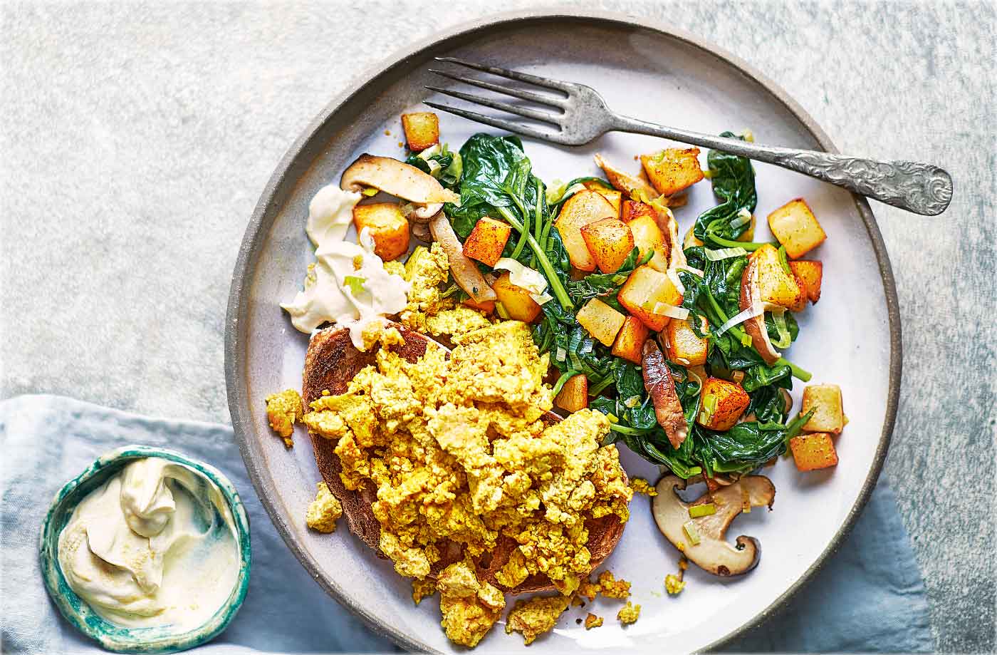 Tofu scramble with potato, spinach and shiitake hash recipe