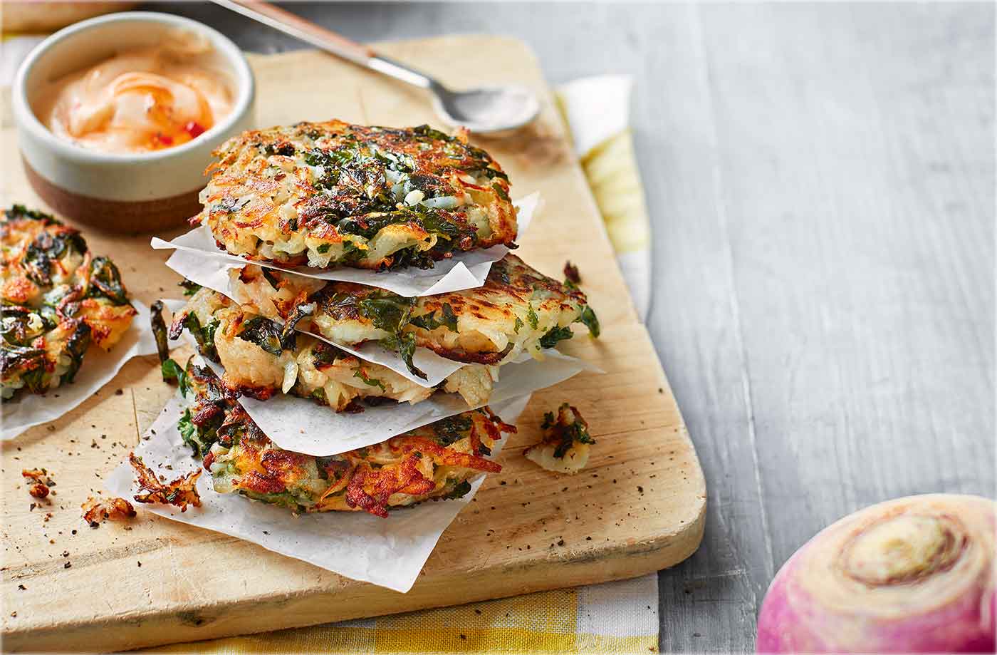 Turnip and kale rostis with chilli mayo recipe