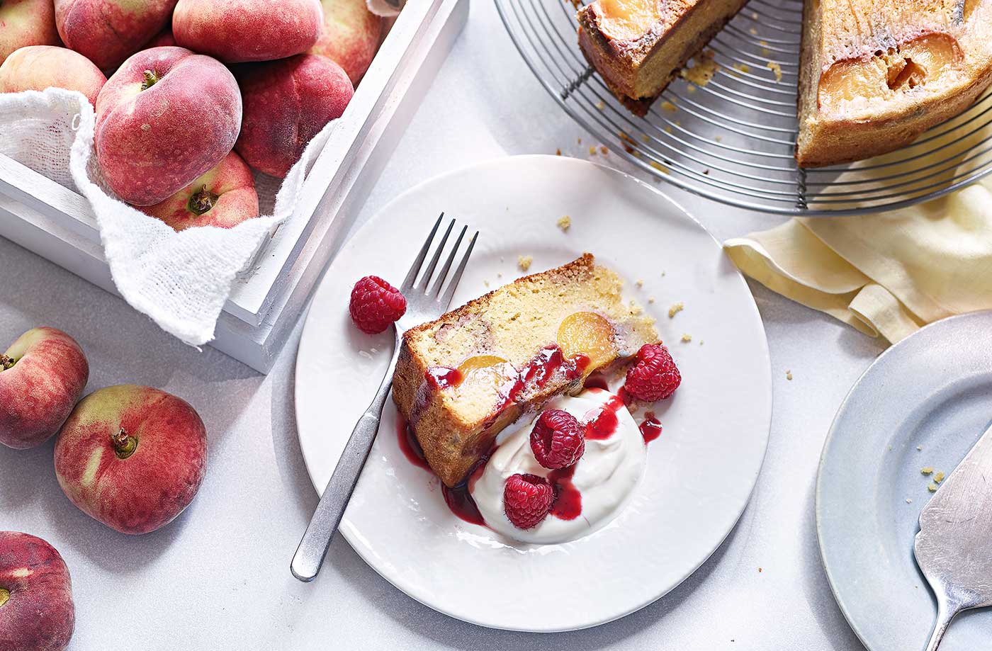 Peach melba upside-down cake recipe