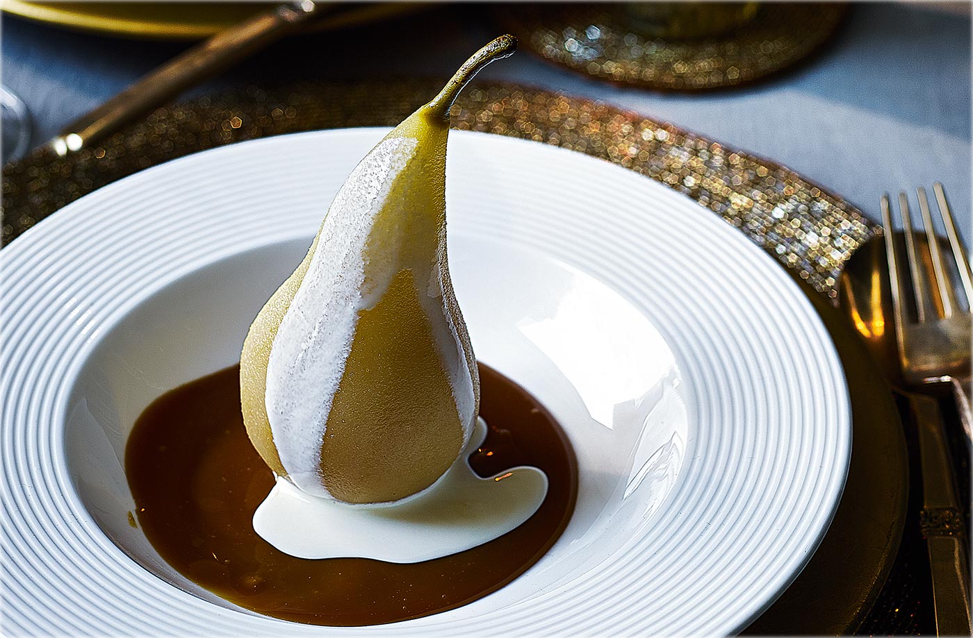 Vanilla poached pears with salted caramel sauce recipe